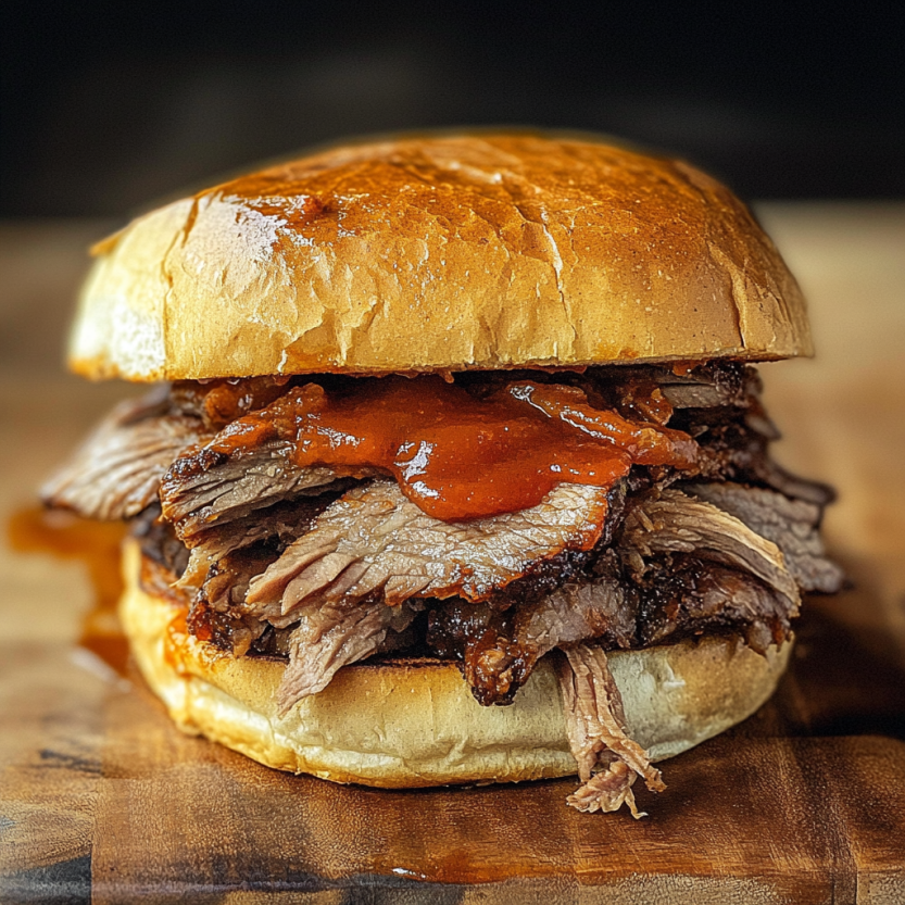 Un sandwich de brisket barbecue avec des sauces et des légumes.