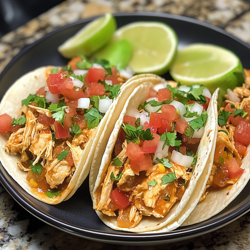 Des tacos de poulet mijotés dans un four lent.