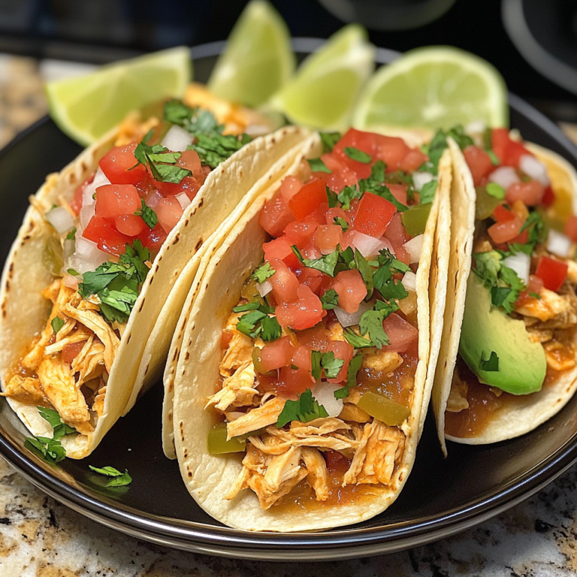 Des tacos de poulet fumé avec des légumes et des limons.