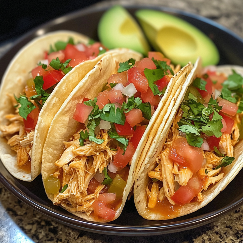 Des tacos de poulet mijotés dans un four lent.