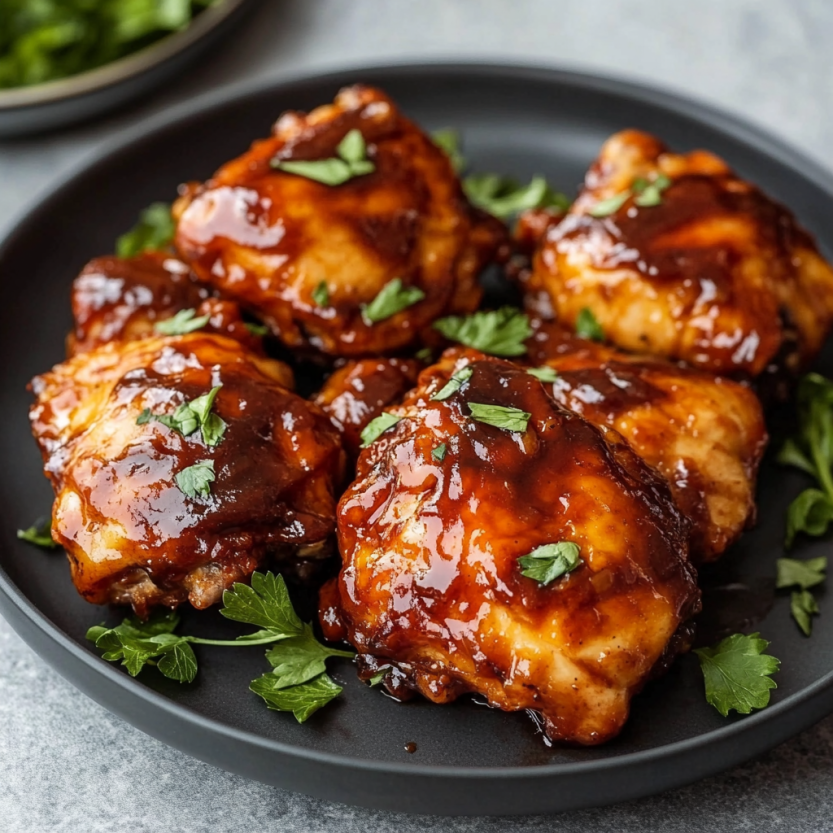 Plate of BBQ chicken thighs.