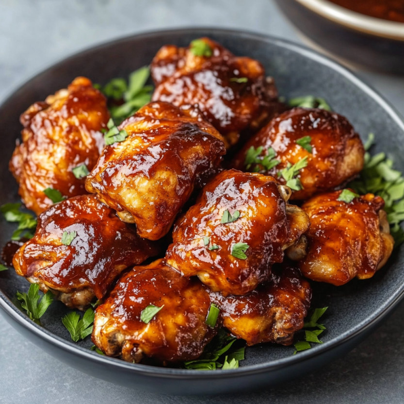 Des chicken thighs grillés avec une sauce BBQ.