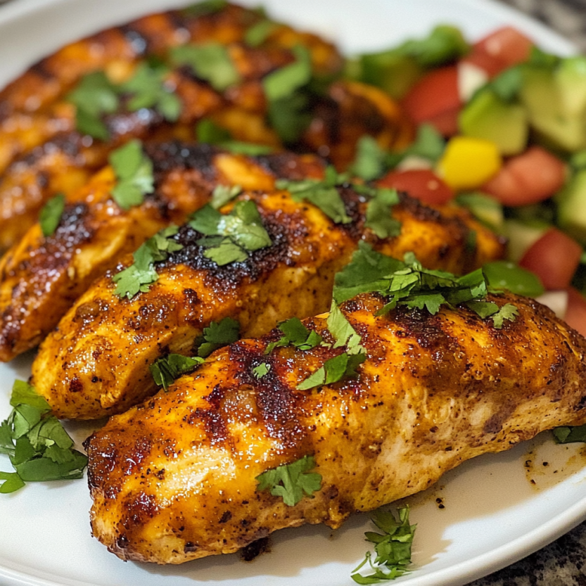 Plate of baked chicken tenderloins with green herbs on top.