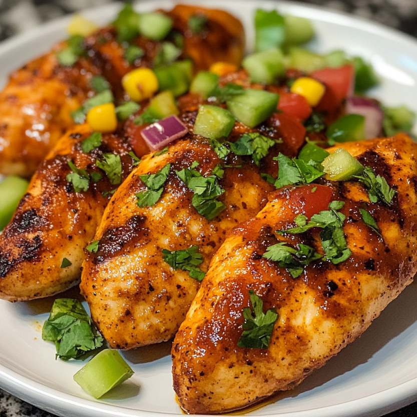 Des tendons de poulet grillés et saupoudrés de herbes, avec des légumes verts tels que des cucumbers et des tomates.