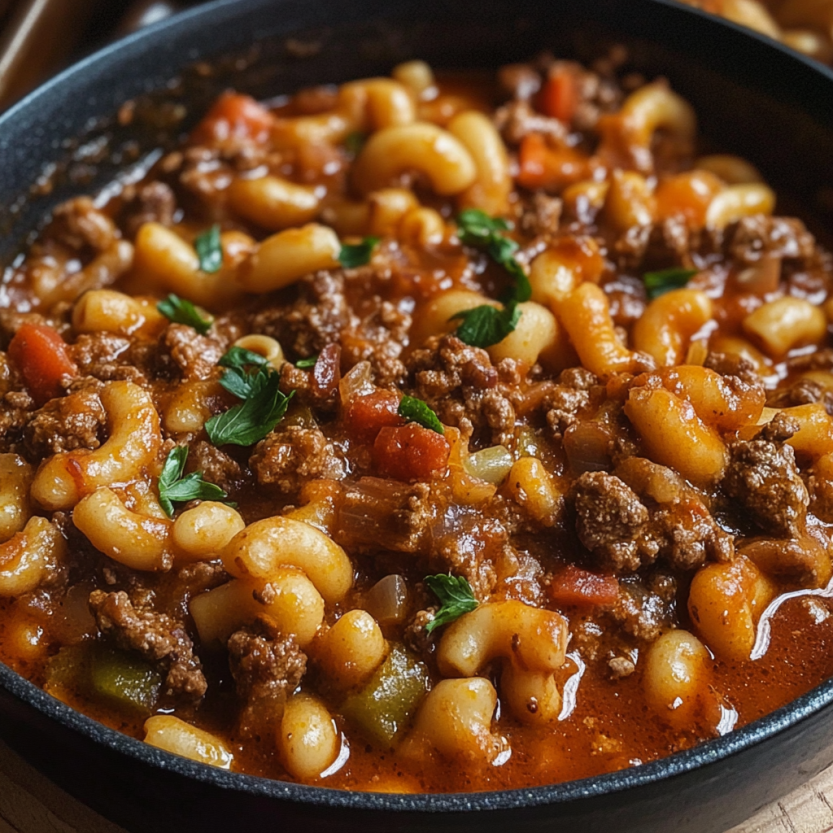 Une casserole de macaroni et de viande hachée est servie dans un bol.
