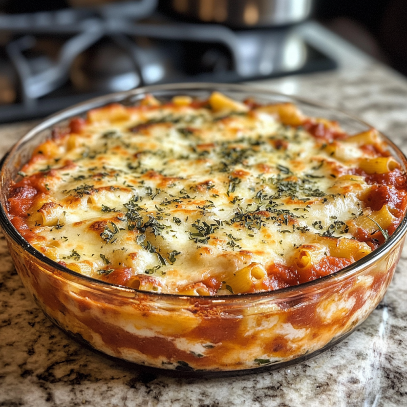 Une casserole de ziti facile, sans viande, avec des pâtes, du ricotta et du mozzarella.