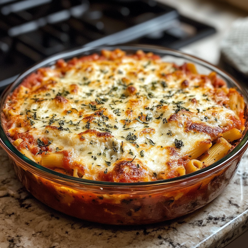 Une assiette de ziti baignant dans une sauce tomate, avec des herbes et des fromages mélangés.