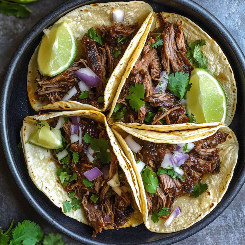 Des tacos de bœuf grillé avec des légumes verts et des limons.