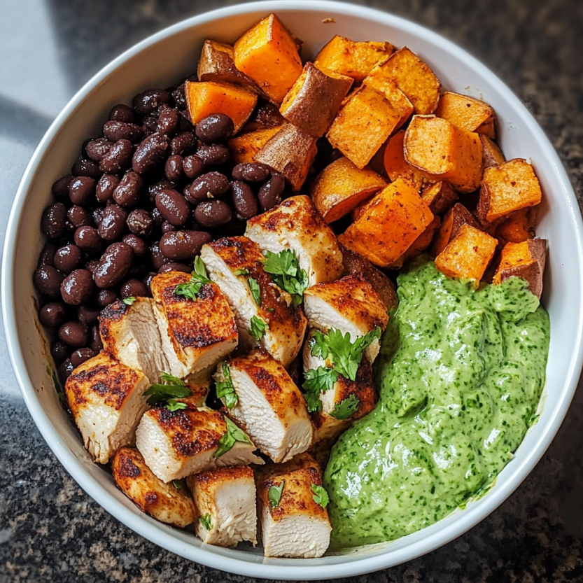Un bol de nourriture contenant des chicken, des haricots noirs, des papas douces et une sauce de cilantro et de lime.