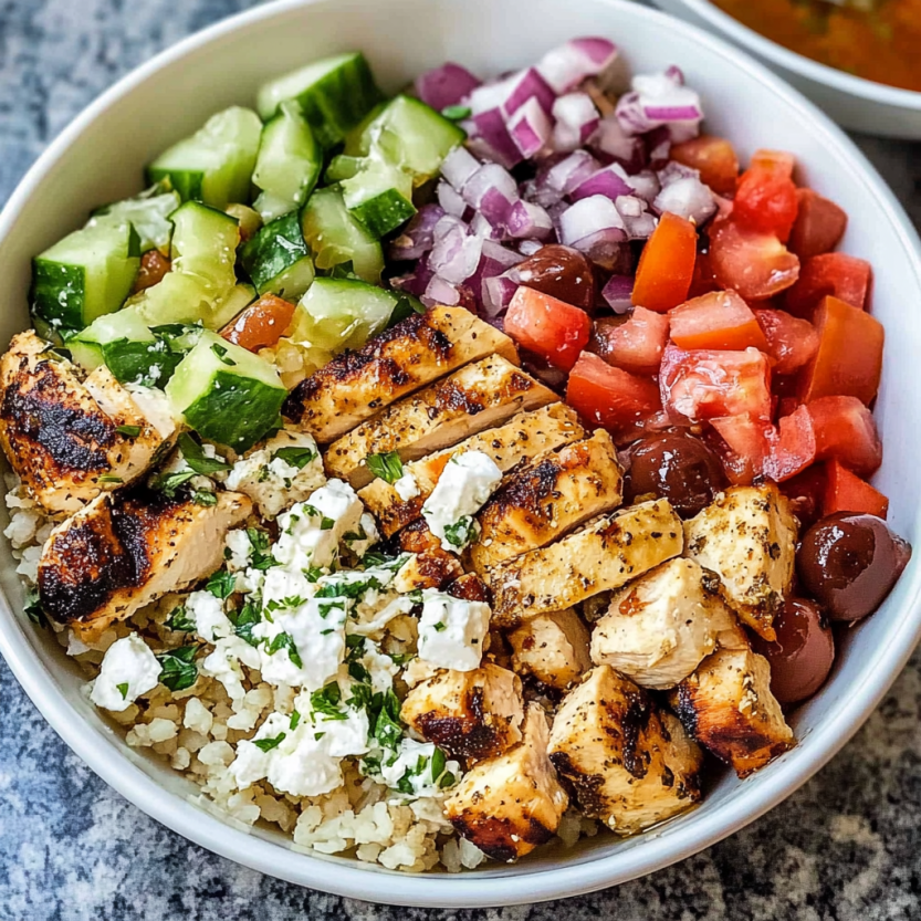 Un bol de nourriture contenant des légumes et des viandes grillées.