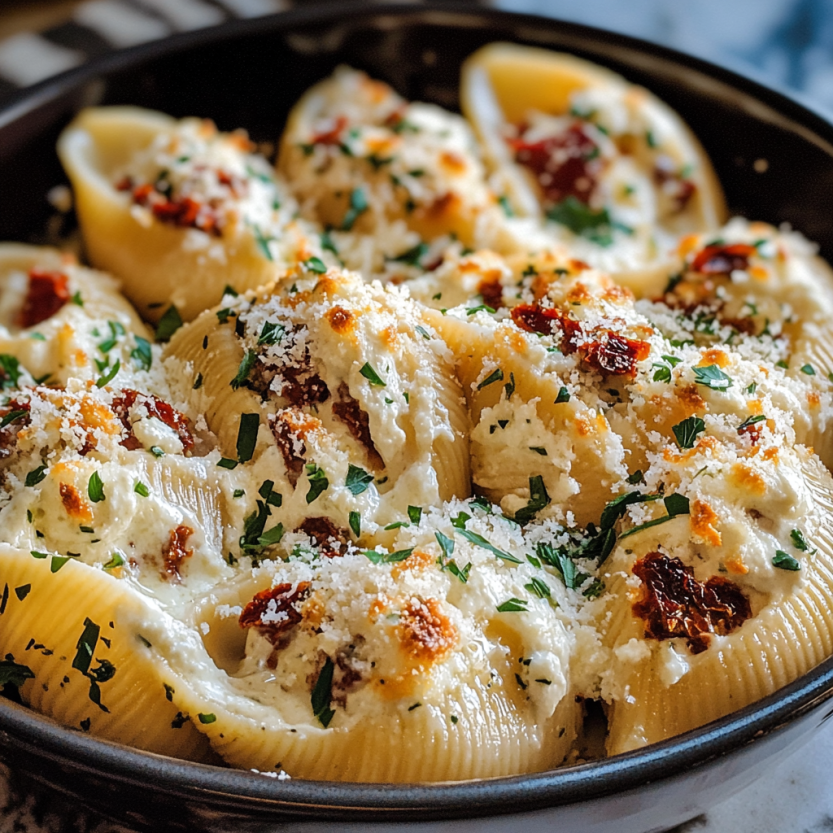 Une assiette de creamy sun-dried tomato and ricotta stuffed shells.