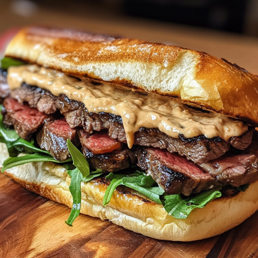 Un sandwich de steak avec des légumes et une sauce à la garlic.