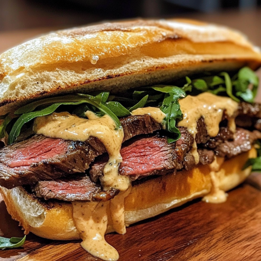 Un sandwich de steak avec des légumes et une sauce à la garlic.