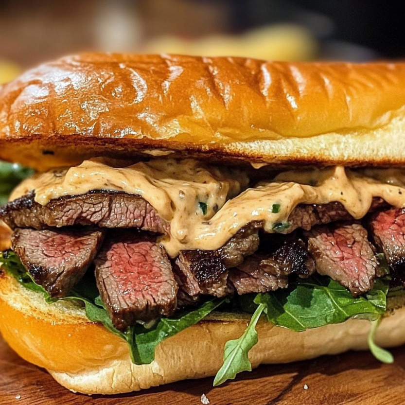 Un steak sandwich avec garlic aioli.