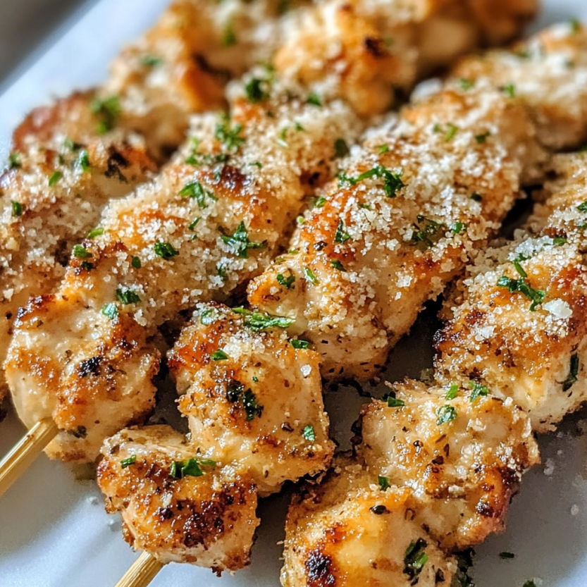 Des brochettes de poulet avec du parmesan et du persil.