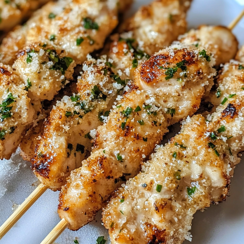Des brochettes de poulet mariné dans du parmesan et du persil.
