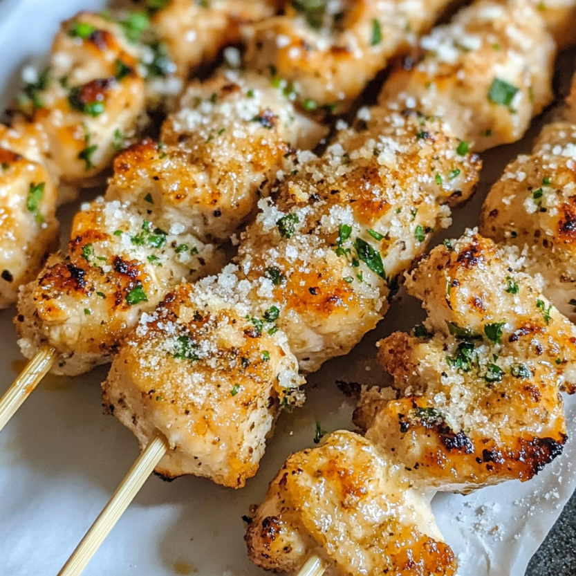 Des brochettes de poulet mariné dans du parmesan et du persil.
