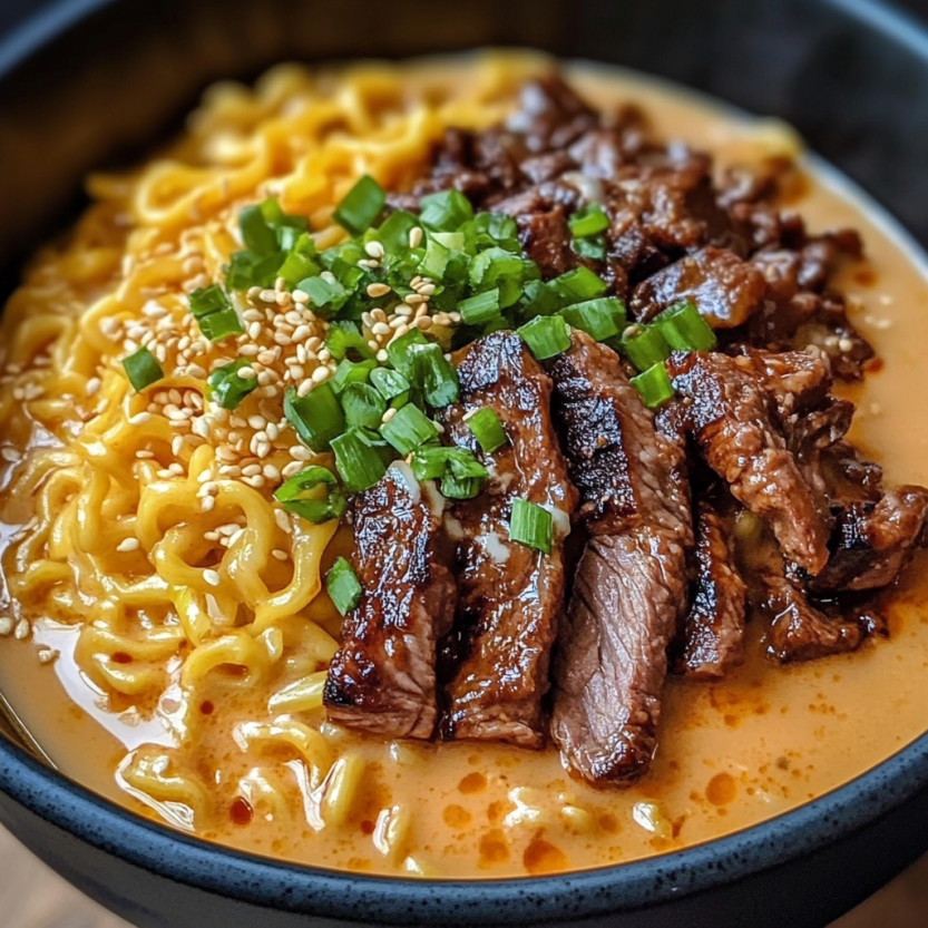 Une assiette de spicy Korean Ramen avec des grillés de viande et une sauce crémeuse.
