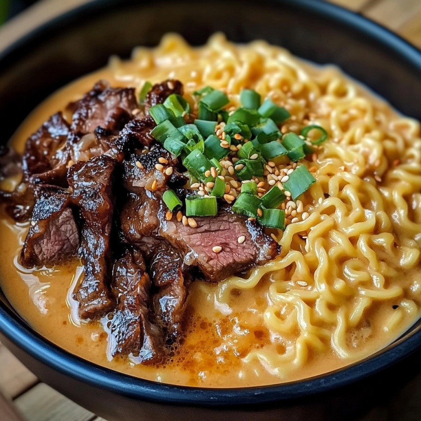 Une assiette de spicy Korean Ramen avec des grillés de viande et une sauce crémeuse.