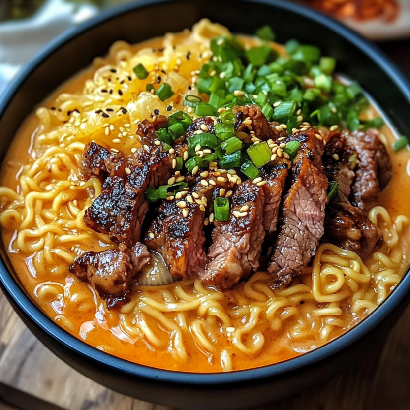 Une assiette de spicy Korean Ramen avec des grillés de viande et une sauce crémeuse.