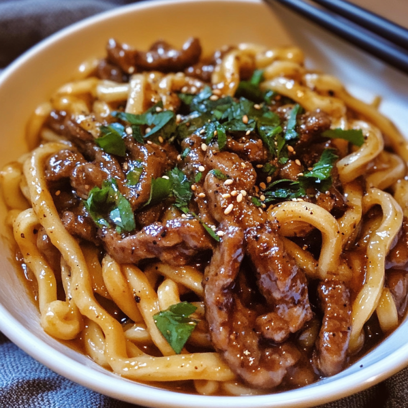 Une assiette de noodles beef black pepper udon.