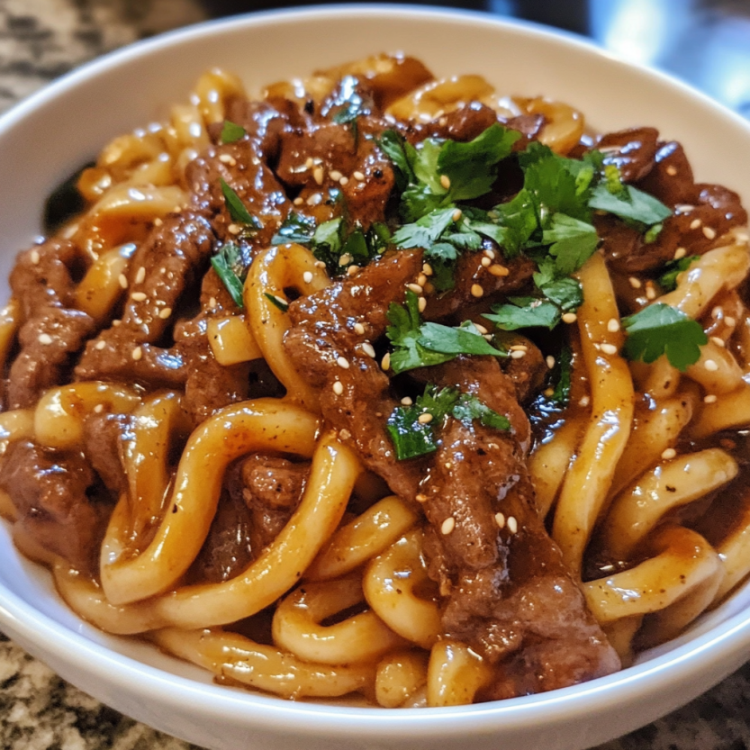 Une assiette de noodles beef black pepper udon.
