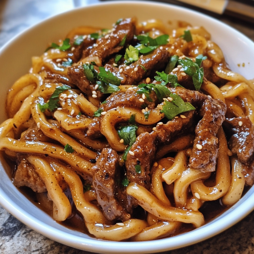 Une assiette de noodles beef black pepper est servie dans un bol.