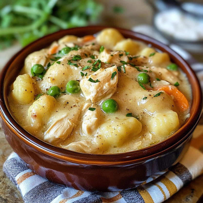 Un bol contenant une soupe de gnocchi et de poulet.
