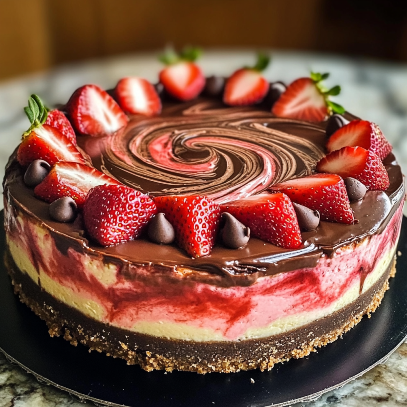 Une tarte aux fraises en forme de spirale, recouverte de chocolat et de fraises, sur un plateau.
