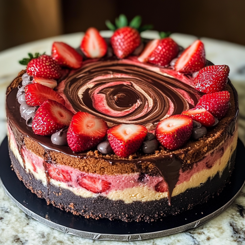 Une tarte aux fraises en forme de spirale, recouverte de chocolat et de fraises, sur un plateau.