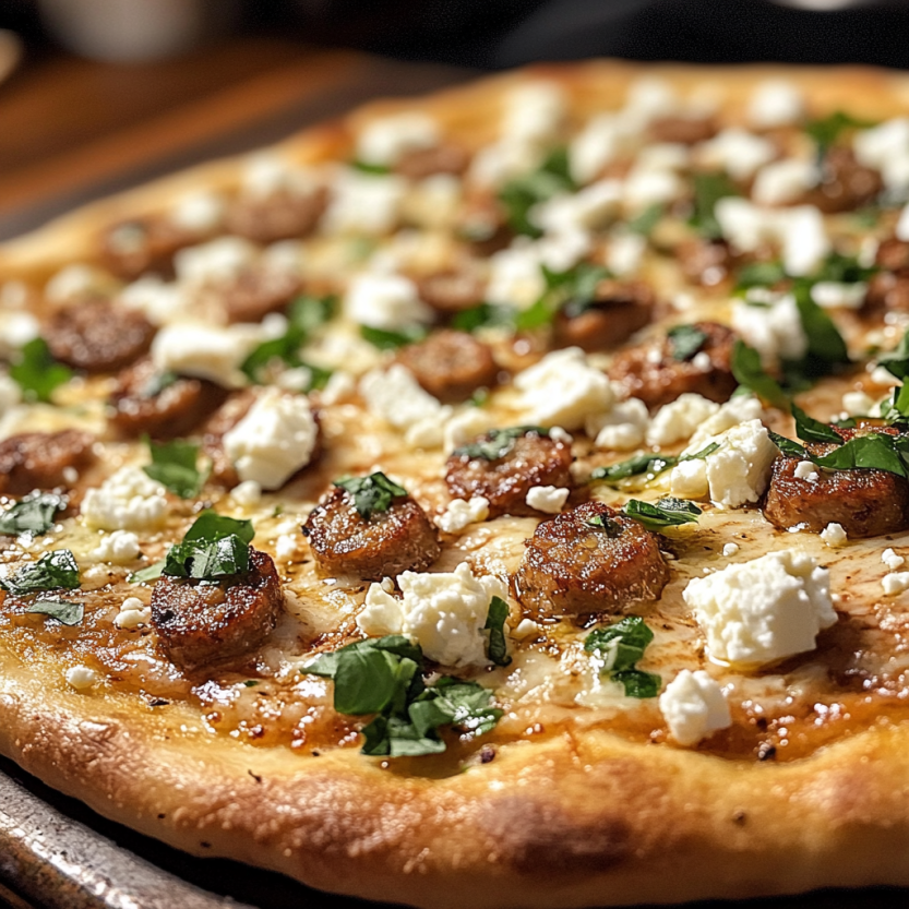 Une pizza maison avec des saucisses chaudes, du fromage feta, de la miel et du fromage blanc.