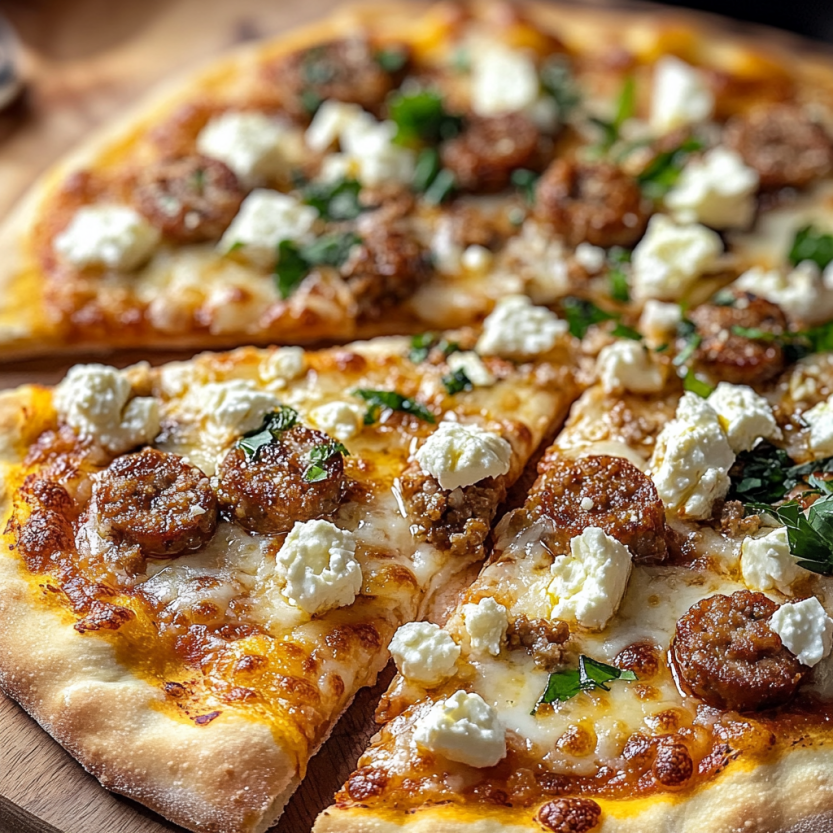 Une pizza maison avec des saucisses chaudes, du fromage feta, du miel et du bacon.