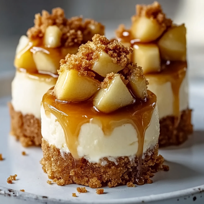 Des mini caramel apple cheesecake bites sur un plateau.