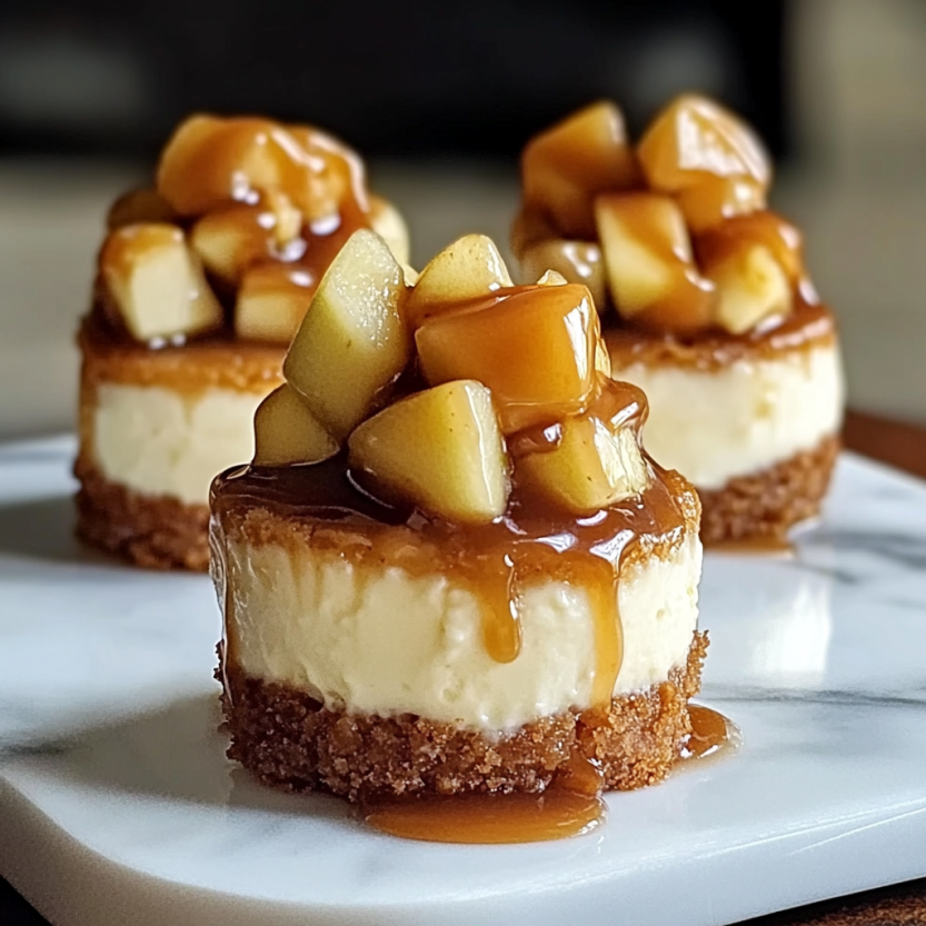 Des mini caramel apple cheesecake bites sur un plateau.