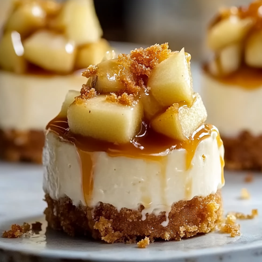 Des mini caramel apple cheesecake bites sur un plateau.