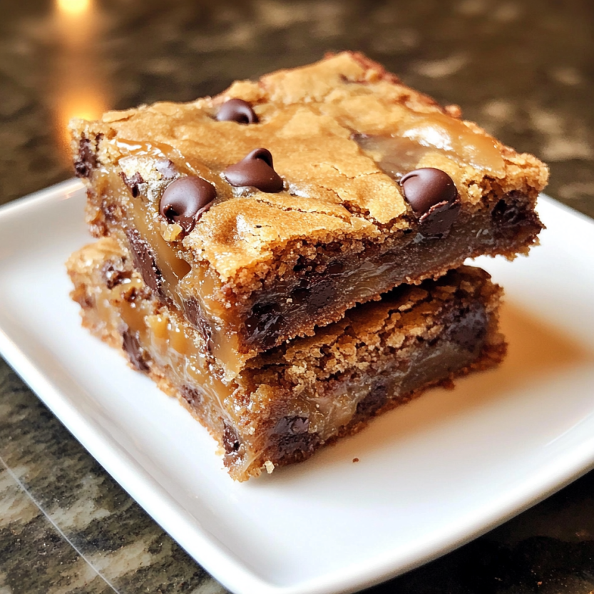 Des barres de cookies salées et caramélisées avec des morceaux de chocolat.
