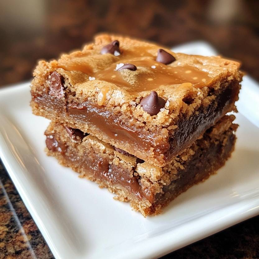 Un dessert en barres de caramel salé avec des morceaux de chocolat.