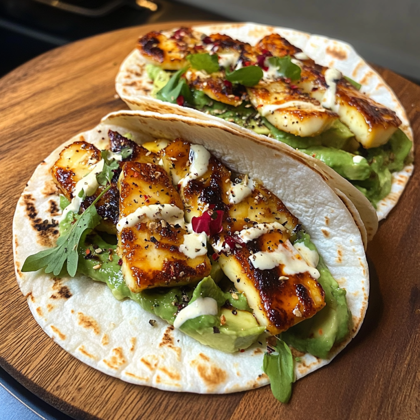 Hot Honey Halloumi Tacos with Avocado.