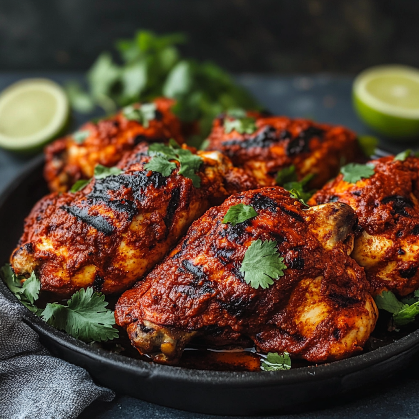 Des morceaux de poulet grillé avec des herbes et des légumes verts.