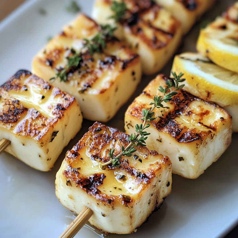 Des brochettes de halloumi grillé avec des citrons et des herbes.