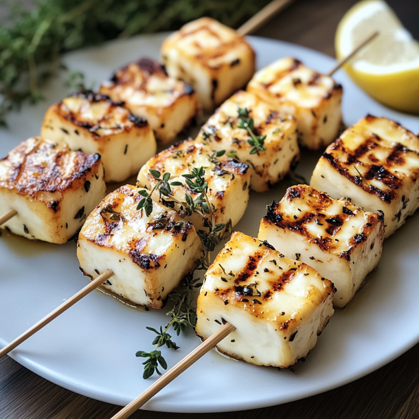 Des brochettes de halloumi grillé avec des citrons et des herbes.
