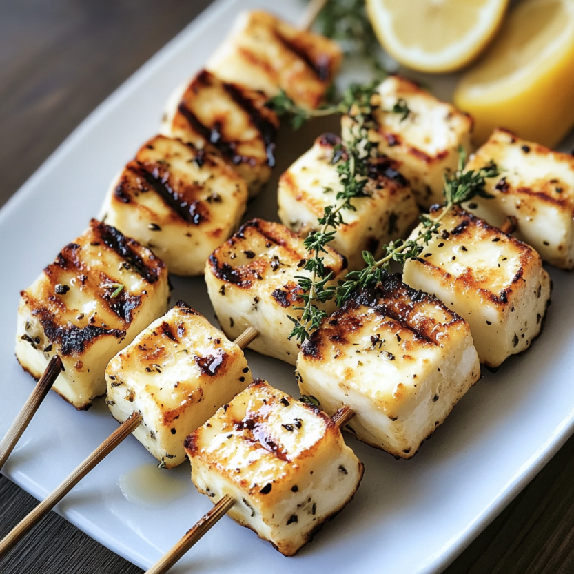 Des brochettes de halloumi grillé avec des citrons et des herbes.