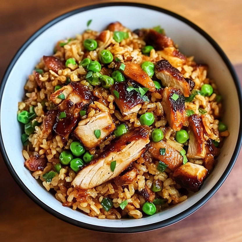 Un plat de riz brun avec des légumes et des viandes fumées.