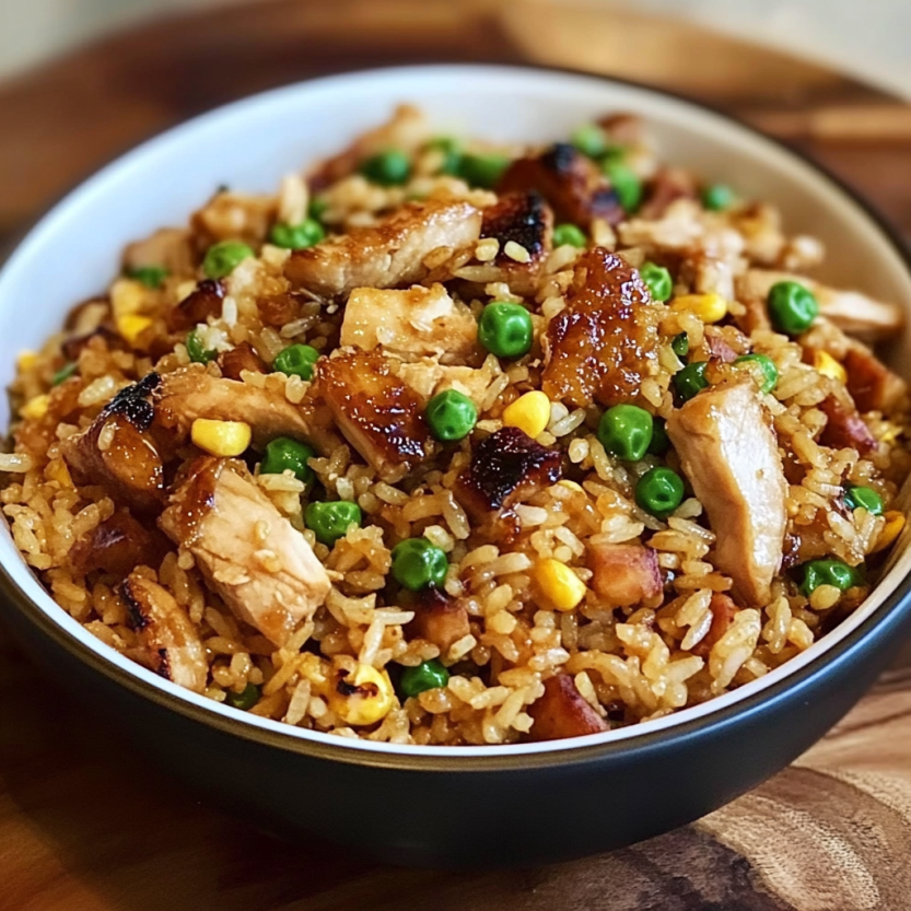 Une assiette de riz avec des légumes et des morceaux de poulet frits.