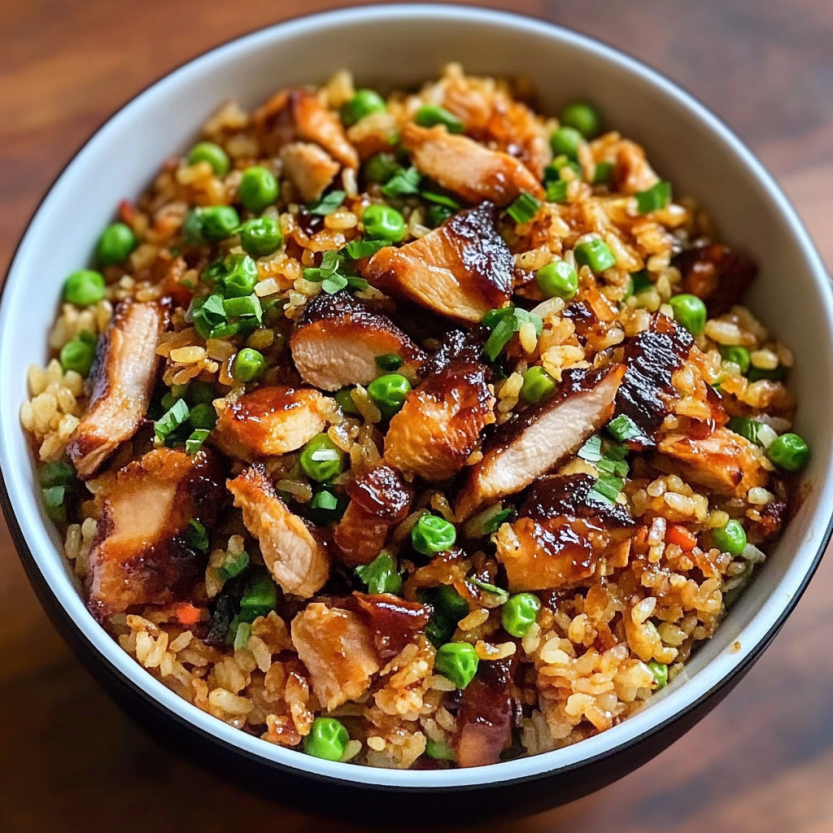 Une assiette de riz avec des légumes et des morceaux de poulet fumé.