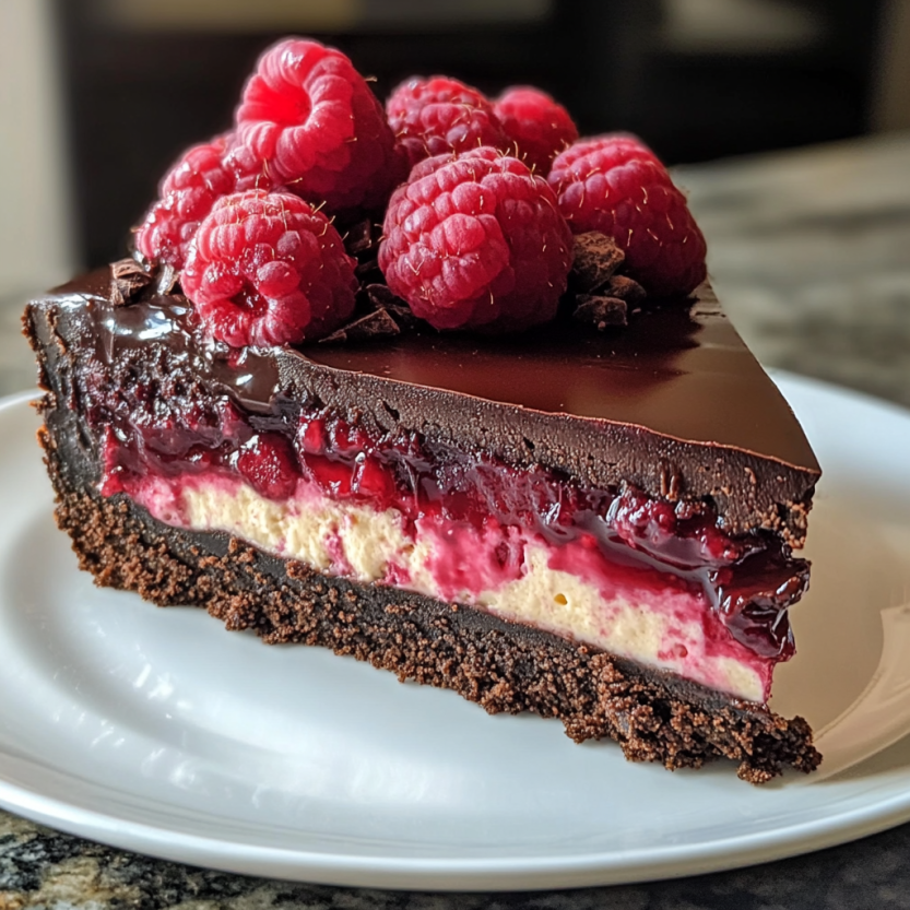 Une portion de gâteau au chocolat avec des fraises raspberry sur une assiette.