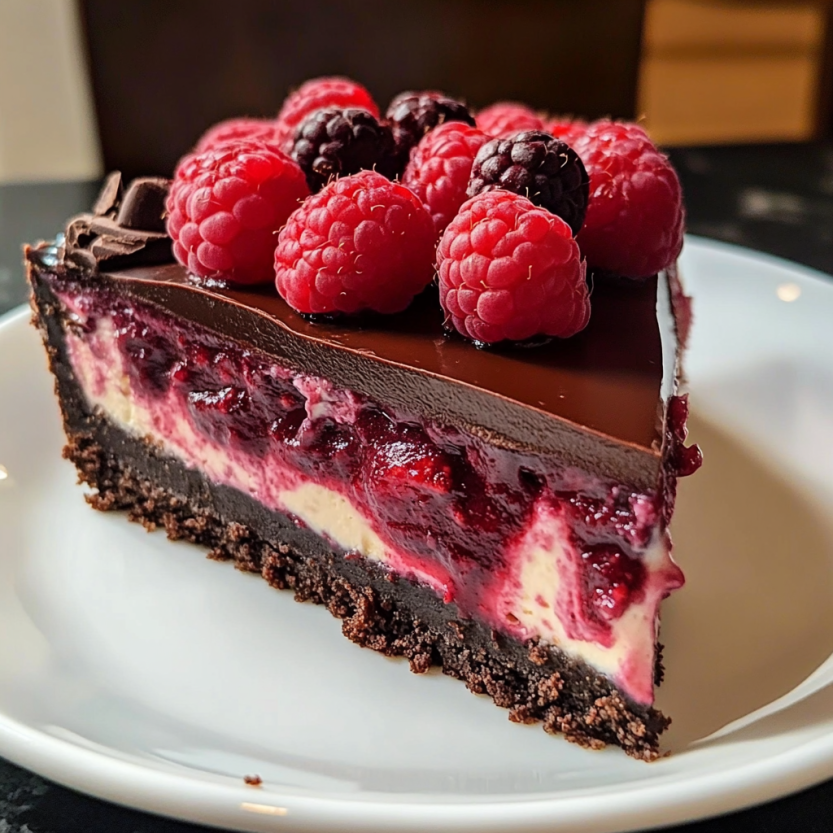 Une tartine de gâteau au chocolat et aux framboises.