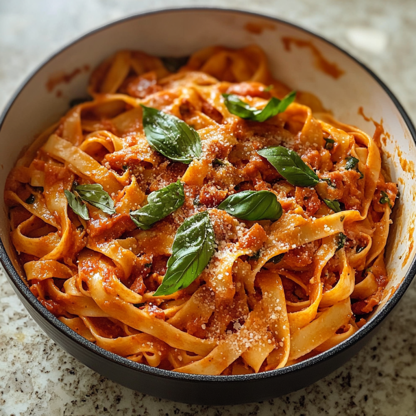 Une assiette de tagliatelle avec des herbes, des pancetta et du mozzarella.