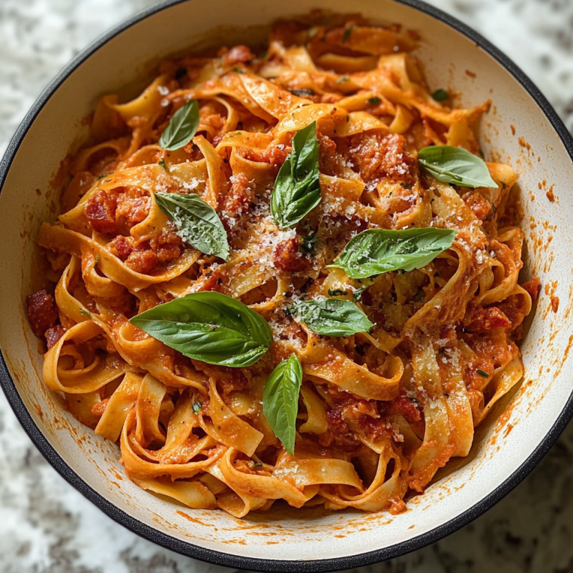 Une assiette de tagliatelle avec des herbes, du bacon et du mozzarella.