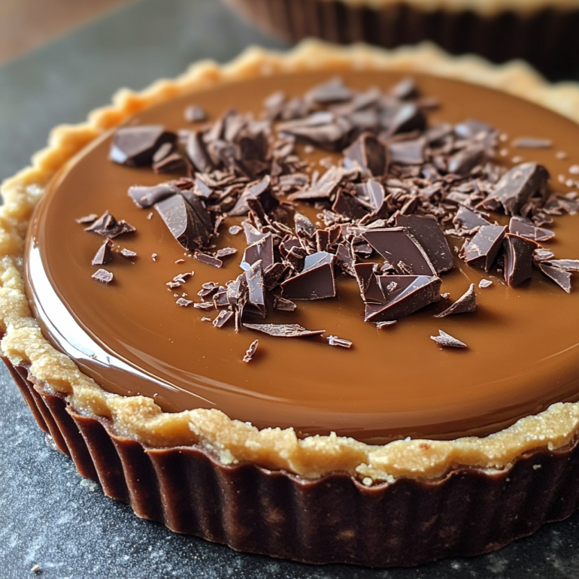 Une tarte au caramel salé et chocolat.